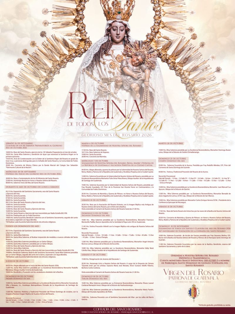 Afiche del Glorioso Mes del Rosario 2026. El programa completo está escrito debajo, en esta misma página.